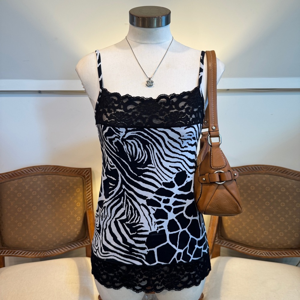 Vintage Y2K Black & White Animal Print Cami Top Giraffe Zebra Carrie Bradshaw